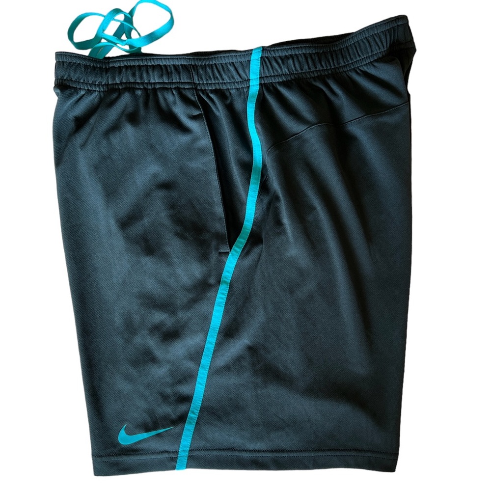 Nike, Men’s, Dri-Fit, Lg Athletic Shorts - Dark Gray-Green w/ Turquoise accents